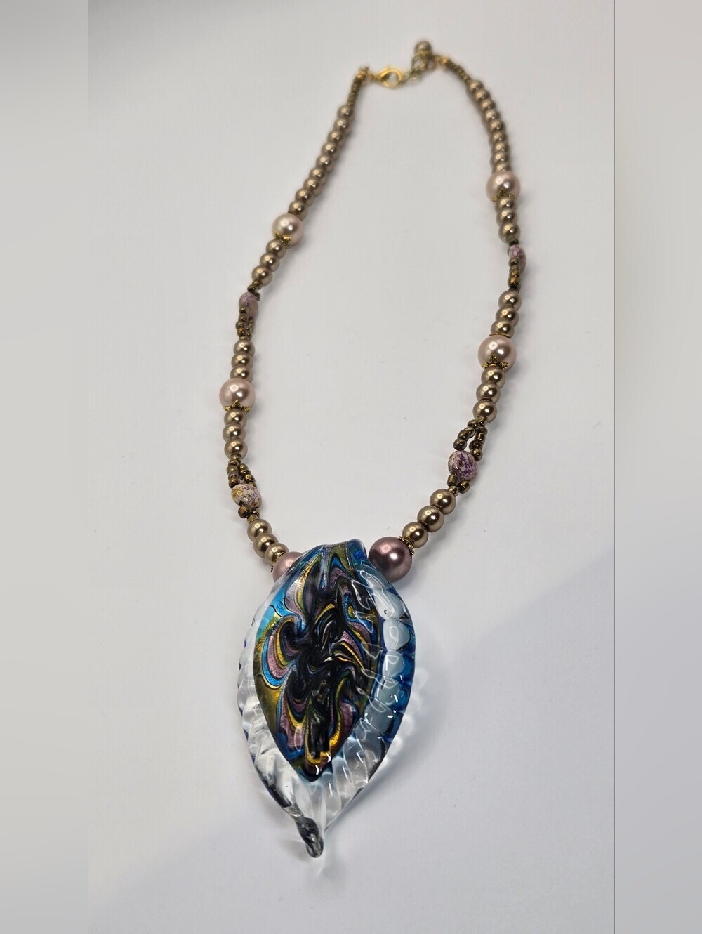 New! Artisan Glass Pendant Necklace Tear-drop Shaped Fused Glass Pendant & Beads